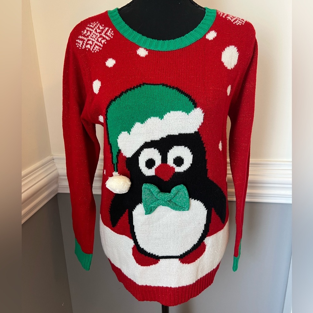UGLY CHRISTMAS sweater Penguin with Santa hat Red and green size large